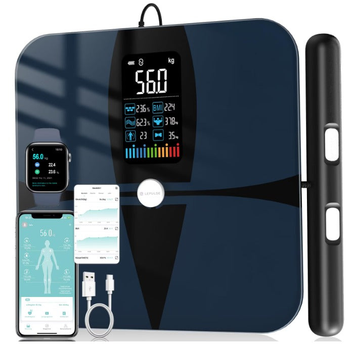 Cantar De Grasime Corporala Cu Senzori De Mana, Cantar De Analiza Lepulse P1 Cu Aplicatie, Cantar Cu Grasime Corporala Si Masa Musculara, Cantar Personal Cu Analiza De Corporala 24 De Utilizatori, 20 De Date Masurare, Negru, cantar grasime corporala