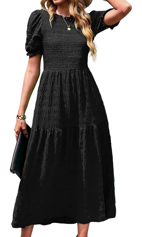 Rochie lunga BebreezChic, eleganta, maneci scurte, decolteu rotund, croiala in A, marimea M, culoare negru