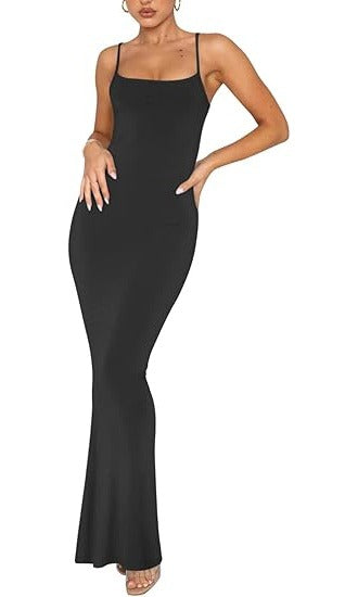 Rochie lunga REORIA, sexy si eleganta, fara maneci, cu spatele gol, stil slip, croiala mulata, marimea S, culoare negru