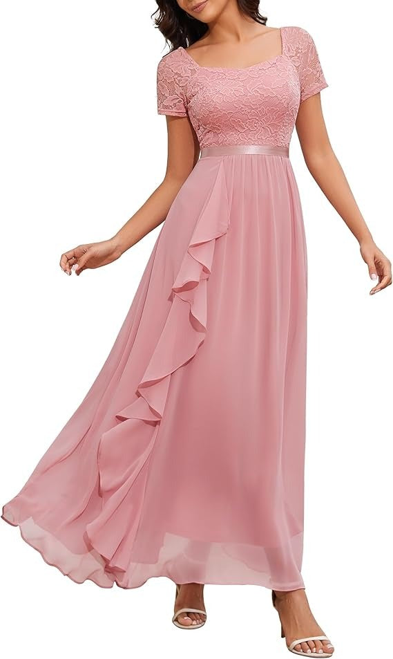 Rochie Lunga Wedtrend, Eleganta, Volane din Sifon, Croiala in A, Decolteu Patrat, marimea S, culoare Roz