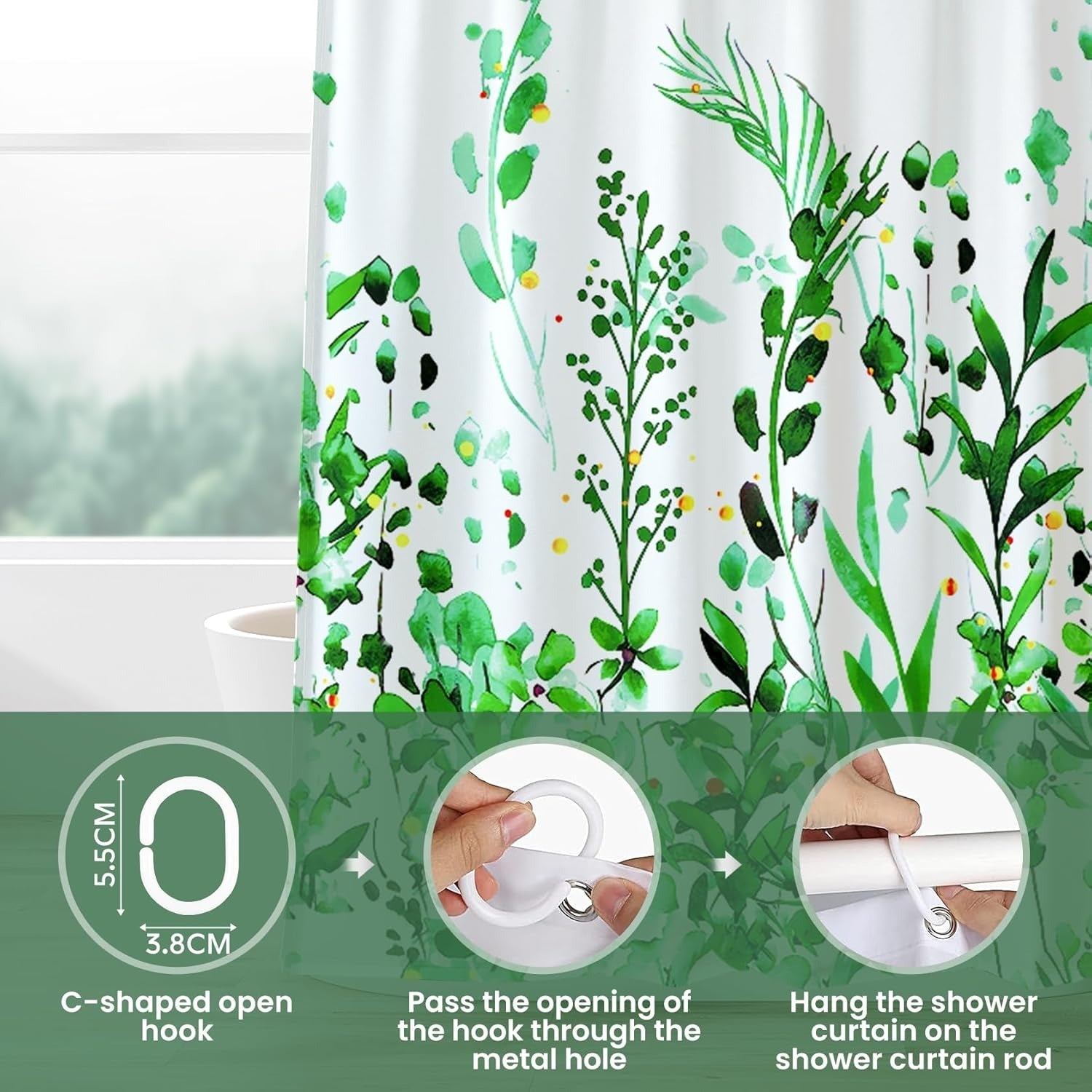 Perdea de Dus PHANPINT, 180x150 cm, Anti-mucegai, Impermeabila, Poliester, Agatatori Incluse, culoare verde deschis