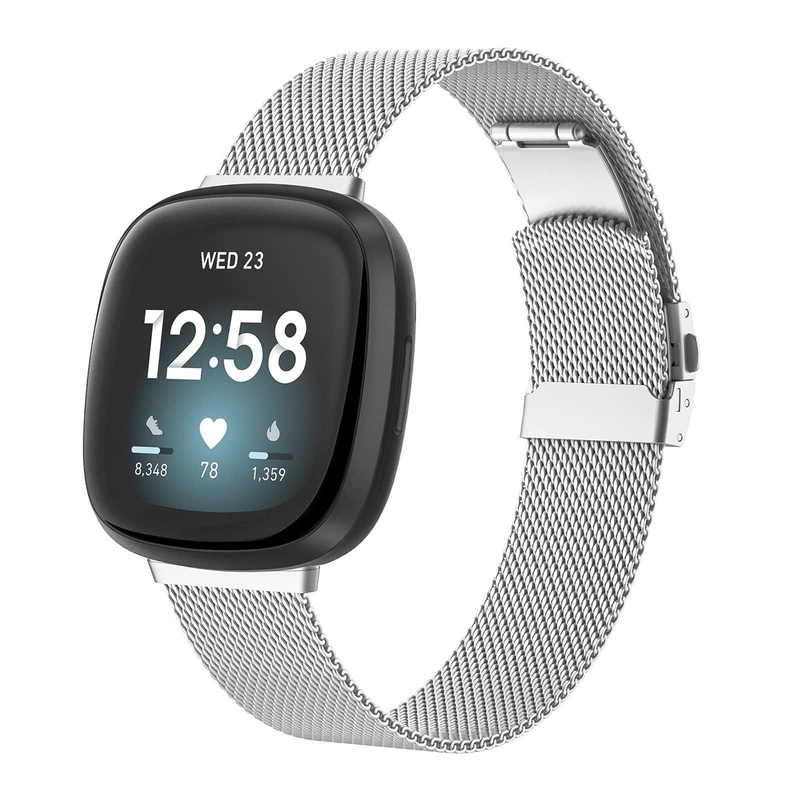 Bratara ajustabila EDIMENS compatibila cu Fitbit Versa 3/Sense, Otel inoxidabil, design clasic cu catarama, culoare Argintiu