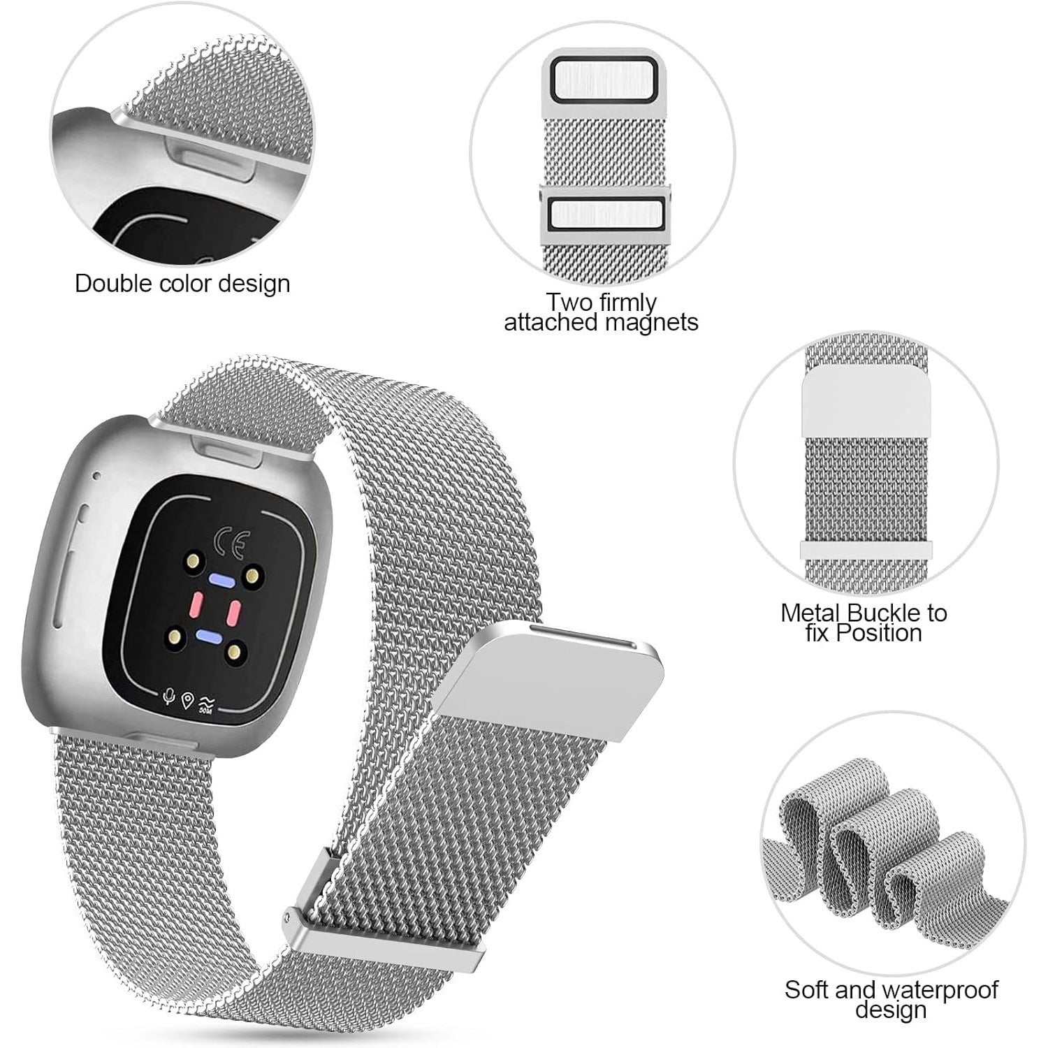 Bratara ajustabila EDIMENS compatibila cu Fitbit Versa 3/Sense, Otel inoxidabil, design clasic cu catarama, culoare Argintiu