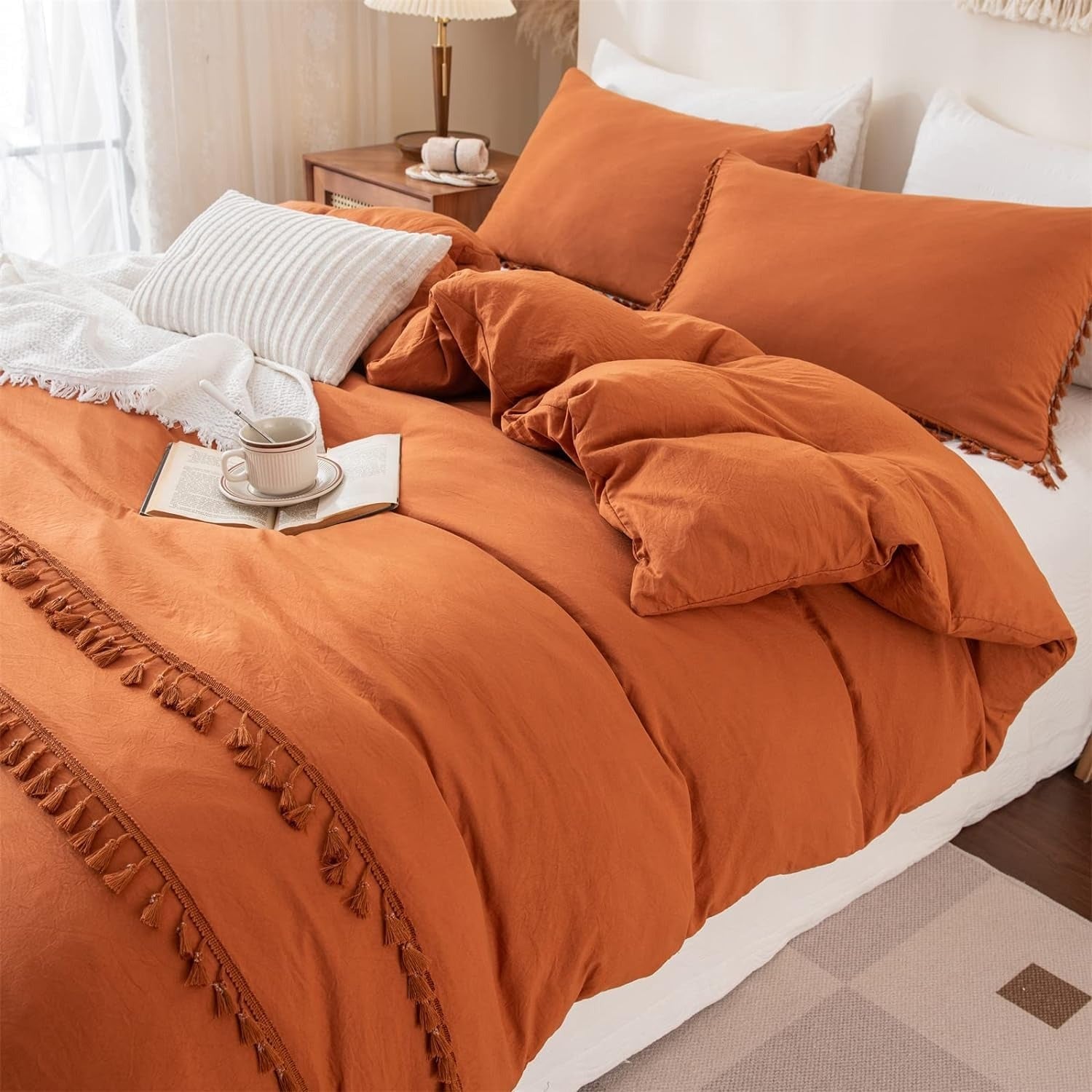 Set de 2 huse pentru perne Freyamy Bohemian, 40 x 80 cm, Ciucuri, stil boho chic, Microfibra, Fermoar, culoare Caramel