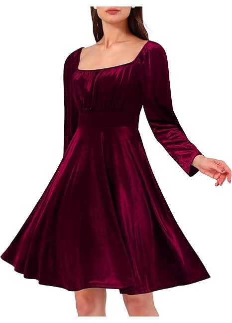 Rochie cocktail dama Wedtrend, marimea XL, catifea, eleganta, maneca lunga, decolteu patrat, lungime genunchi, culoare visiniu