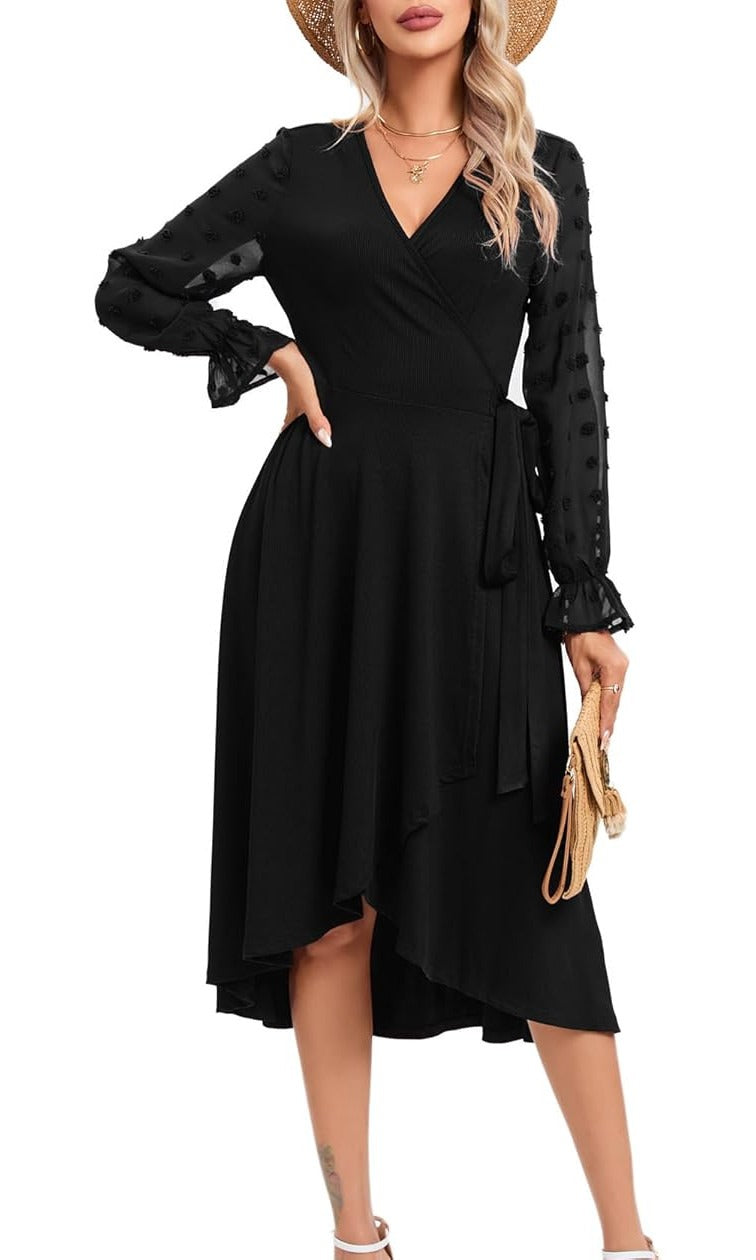 Rochie de vara dama KOJOOIN, marimea XL, maneca lunga, decolteu in V, imprimeu floral, culoare negru