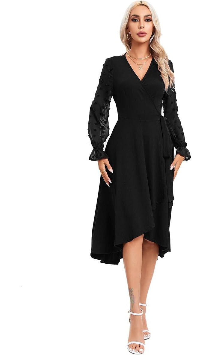 Rochie de vara dama KOJOOIN, marimea XL, maneca lunga, decolteu in V, imprimeu floral, culoare negru