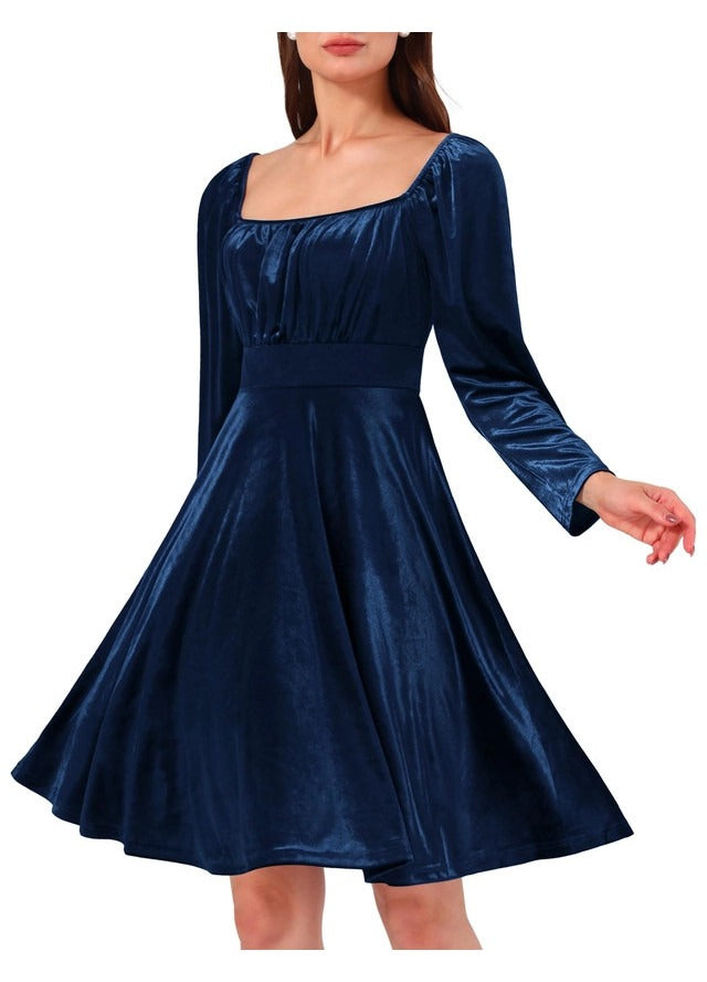 Rochie cocktail dama Wedtrend, marimea XL, catifea, eleganta, maneca lunga, decolteu patrat, lungime genunchi, culoare albastru