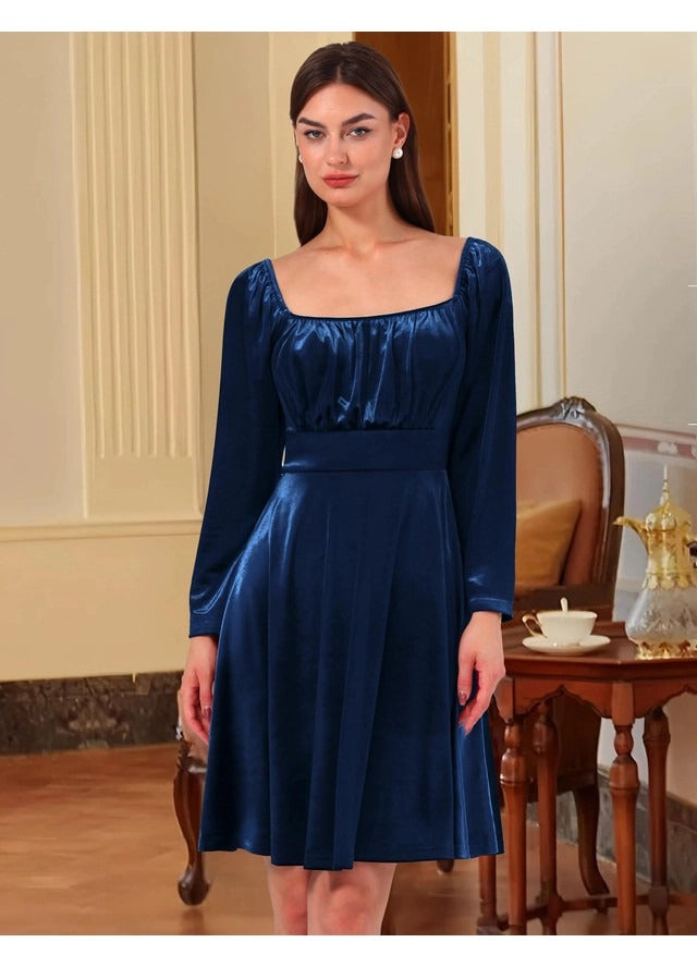 Rochie cocktail dama Wedtrend, marimea XL, catifea, eleganta, maneca lunga, decolteu patrat, lungime genunchi, culoare albastru