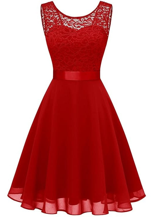 Rochie cocktail dama BeryLove, marimea 2XL, dantela florala, A-line, culoare rosu