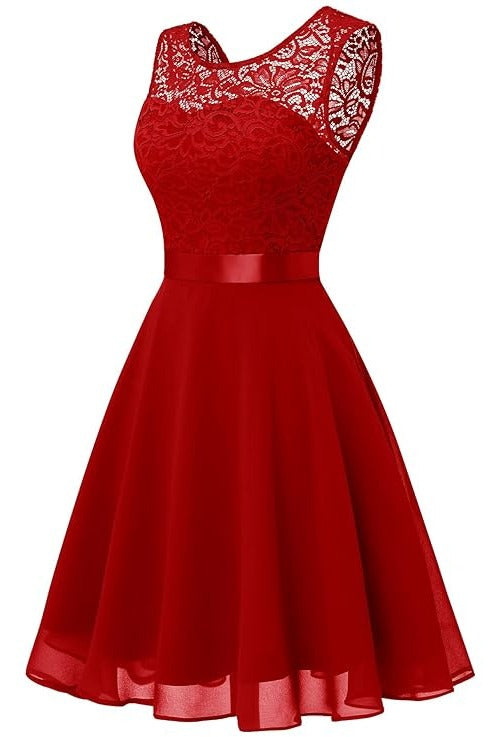 Rochie cocktail dama BeryLove, marimea 2XL, dantela florala, A-line, culoare rosu