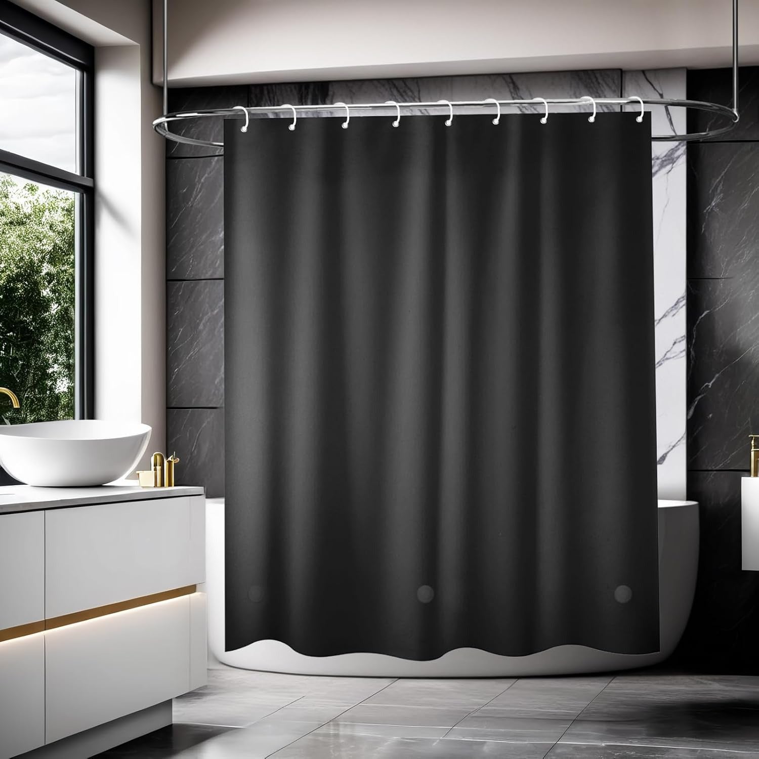 Perdea de dus, Wiipara, 180x180 cm, EVA, anti-mucegai, lavabila, impermeabila, agatatori incluse, culoare negru