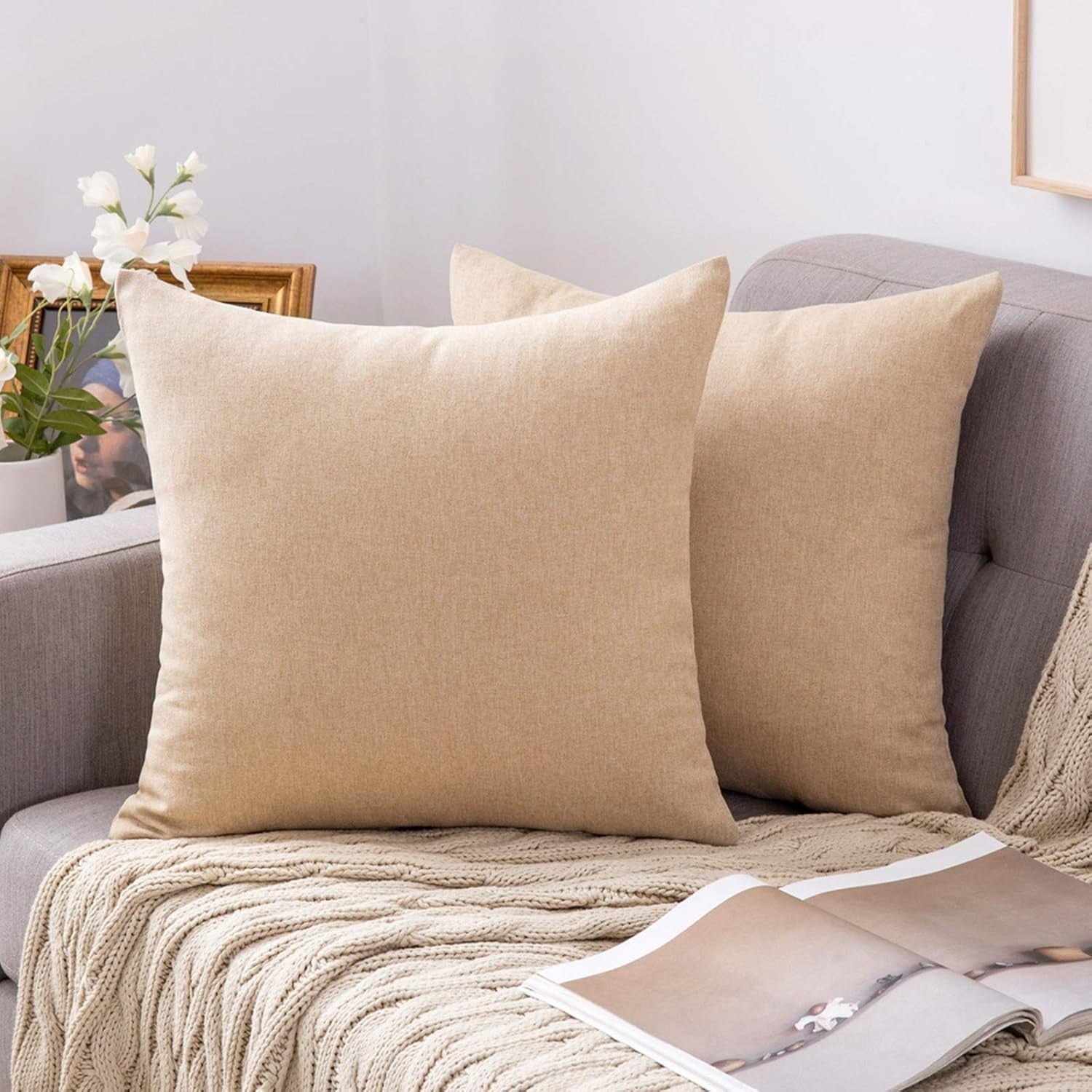 Set de 2 huse de perna MIULEE, 45x45 cm, poliester, decorative, fermoar, culoare maro deschis