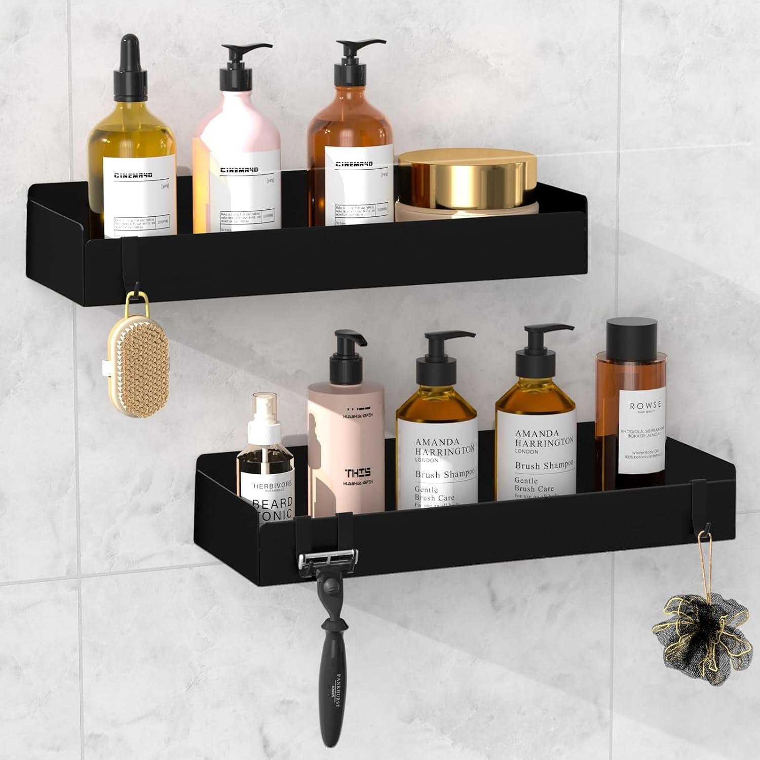 Set 2 rafturi baie sau bucatarie Wisfame, otel inoxidabil, 30 cm, carlige, montaj adeziv sau cu suruburi, culoare negru