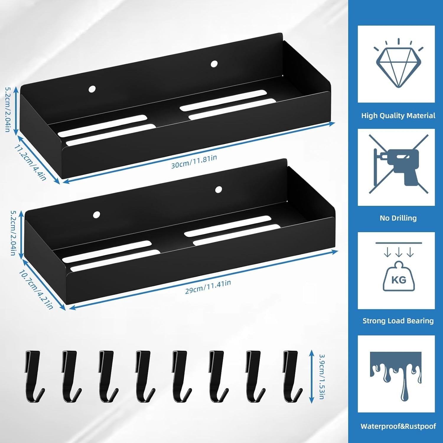 Set 2 rafturi baie sau bucatarie Wisfame, otel inoxidabil, 30 cm, carlige, montaj adeziv sau cu suruburi, culoare negru
