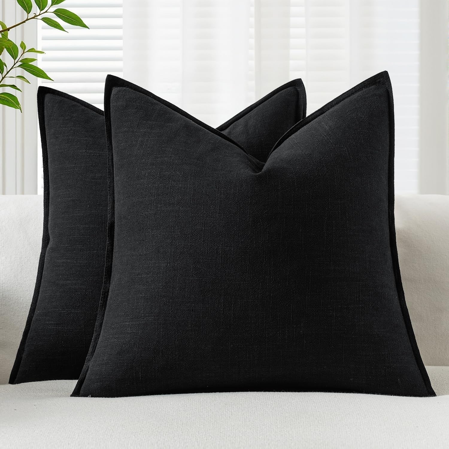 Set de 2 Huse decorative EMEMA, Panza si Bumbac, 45 x 45 cm, culoare Negru