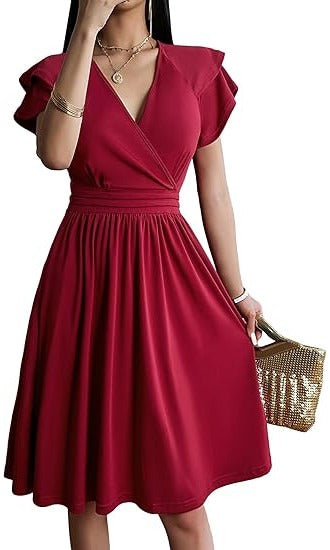 Rochie eleganta dama Jiraewh, midi, cu decolteu in V, maneca scurta, talie inalta, croi A-line, marimea M, culoare rosu