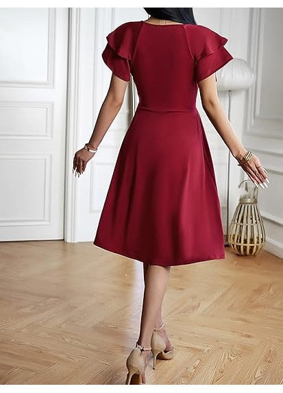 Rochie eleganta dama Jiraewh, midi, cu decolteu in V, maneca scurta, talie inalta, croi A-line, marimea M, culoare rosu
