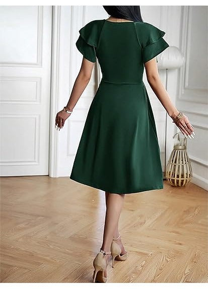 Rochie eleganta dama Jiraewh, midi, cu decolteu in V, maneca scurta, talie inalta, croi A-line, marimea XL, culoare verde inchis