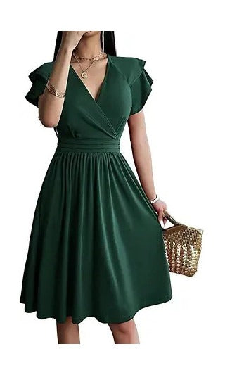 Rochie eleganta dama Jiraewh, midi, cu decolteu in V, maneca scurta, talie inalta, croi A-line, marimea 2XL, culoare verde inchis