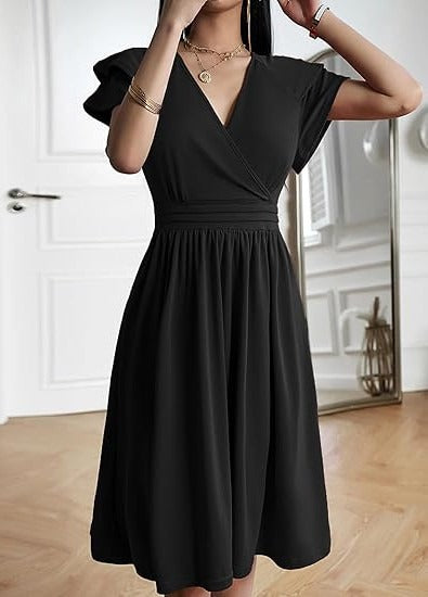 Rochie eleganta dama Jiraewh, midi, cu decolteu in V, maneca scurta, talie inalta, croi A-line, marimea M, culoare negru
