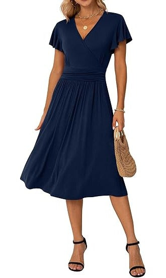 Rochie eleganta dama Jiraewh, midi, cu decolteu in V, maneca scurta, talie inalta, croi A-line, marimea S, culoare albastru inchis