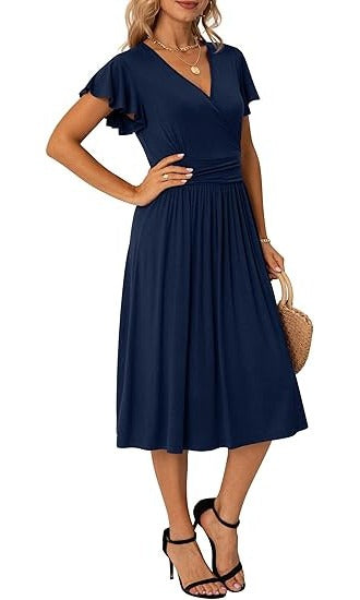 Rochie eleganta dama Jiraewh, midi, cu decolteu in V, maneca scurta, talie inalta, croi A-line, marimea S, culoare albastru inchis