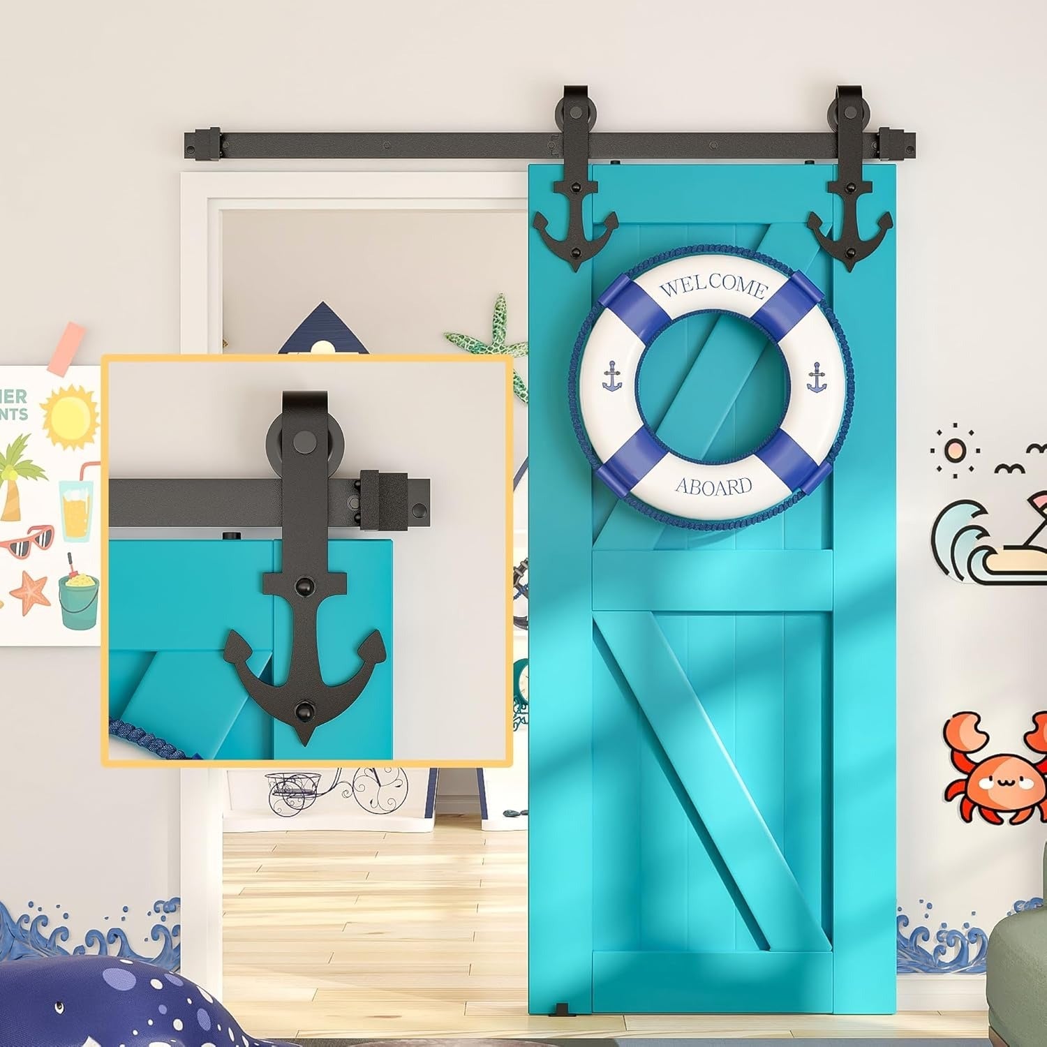 Sistem usa glisanta SKYSEN, 200 cm, otel carbon, design ancora, set complet cu sina si accesorii, max 120kg, negru