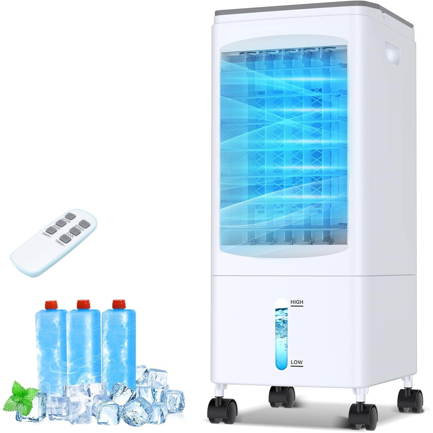 Aer conditionat portabil AKIOEK, 4 in 1, 5.5L, umidificator, ventilator, filtru, telecomanda, 3 trepte viteza, timer 7h, oscilatie 60°, alb