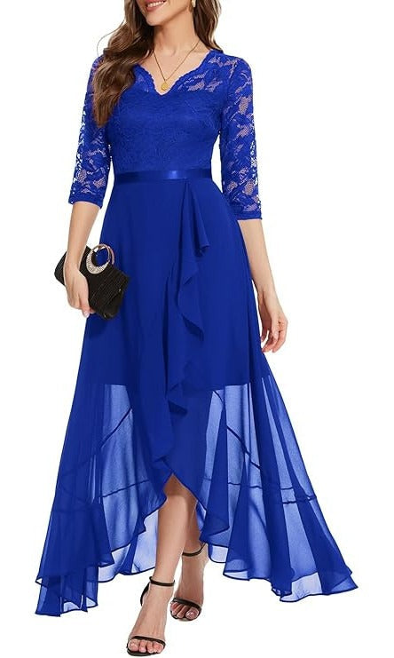 Rochie eleganta Bbonlinedress, marimea XL, Nylon, V-neck, dantela si chiffon, maneca 3/4, culoare albastru royal