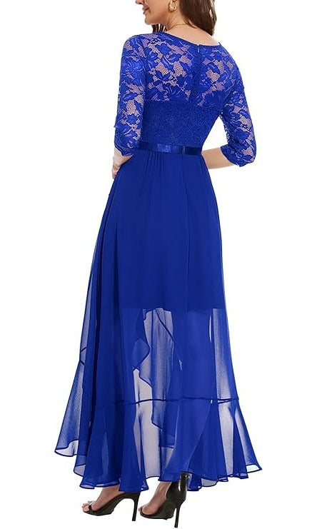 Rochie eleganta Bbonlinedress, marimea XL, Nylon, V-neck, dantela si chiffon, maneca 3/4, culoare albastru royal