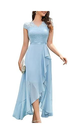 Rochie eleganta Bbonlinedress, marimea M, Nylon, V Neck, cu maneca scurta, dantela, culoare albastru deschis