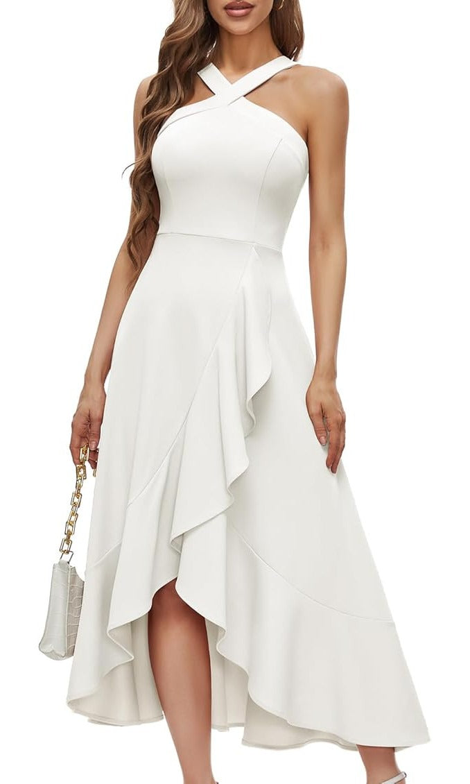 Rochie eleganta Bbonlinedress, marimea S, Poliamida, halter neck, asimetrica cu volane, culoare alba