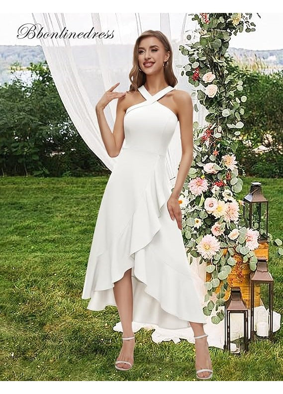 Rochie eleganta Bbonlinedress, marimea S, Poliamida, halter neck, asimetrica cu volane, culoare alba