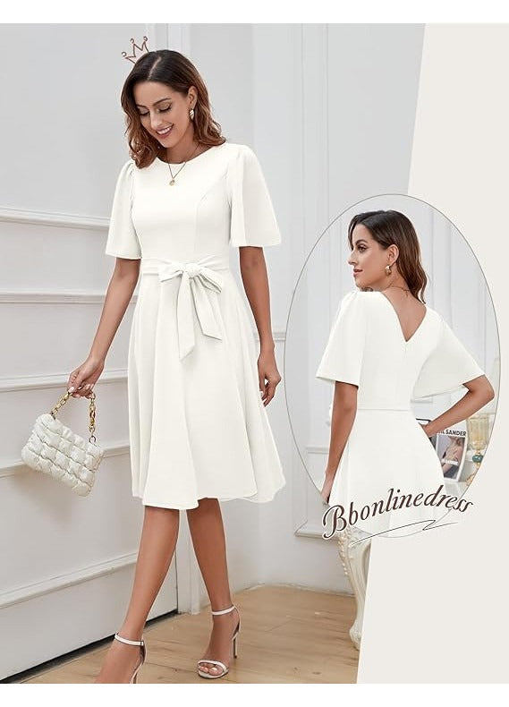 Rochie eleganta Bbonlinedress, marimea L, Nylon, maneci scurte, curea detasabila, culoare alb