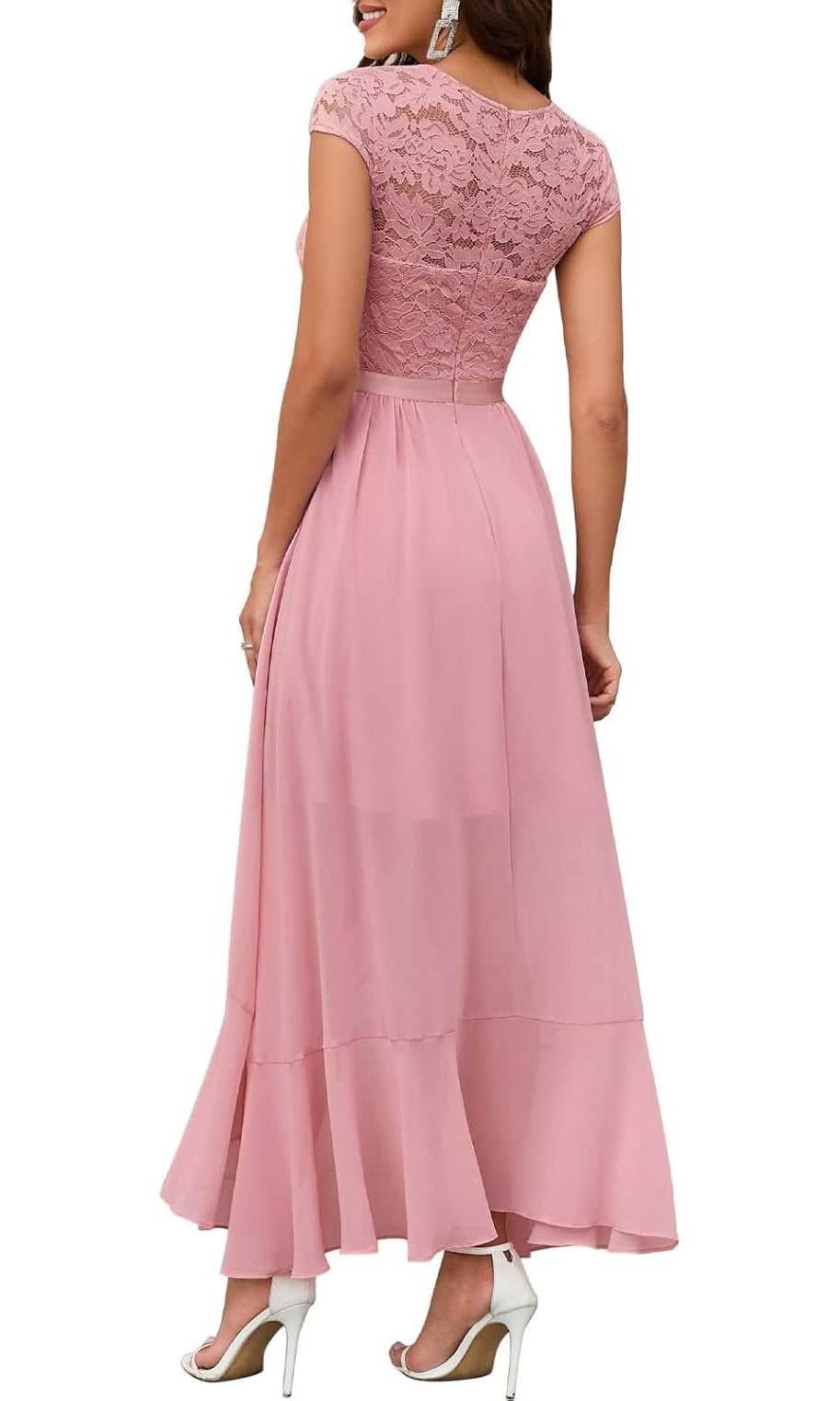 Rochie eleganta Bbonlinedress, marimea XXL, Nylon, dantela florala, lunga, culoare roz-pal