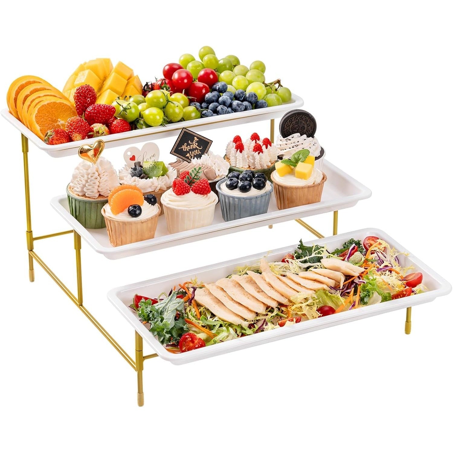 Suport servire Lifewit, 3 niveluri, suport metalic pliabil, platouri plastic, 36×17 cm, reutilizabil, alb si auriu