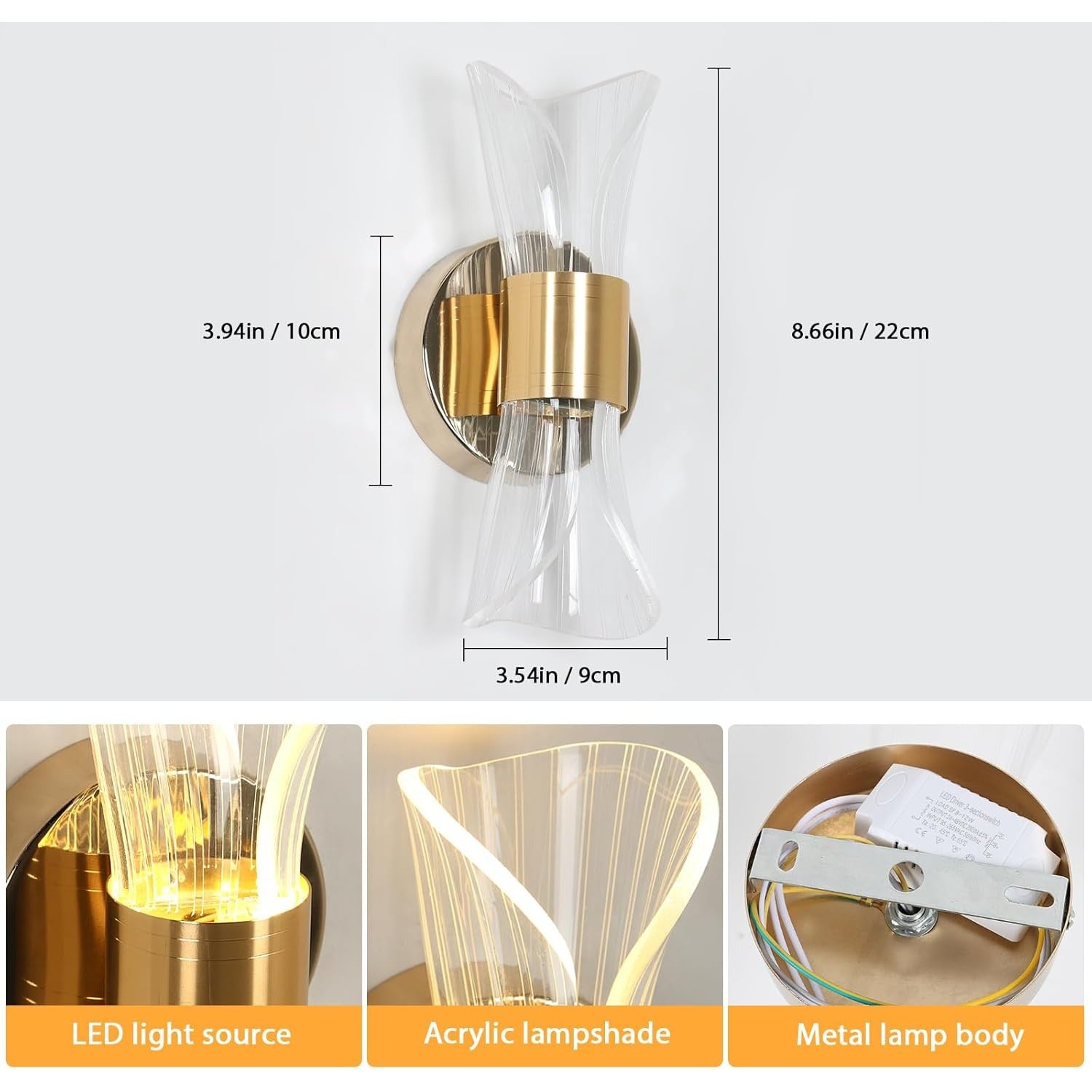 Aplica LED DELIPOP, 12W, 22x10x9 cm, 3 temperaturi de culoare 3000K/ 4500K/ 6500K, design modern hourglass, acril si metal, aurie