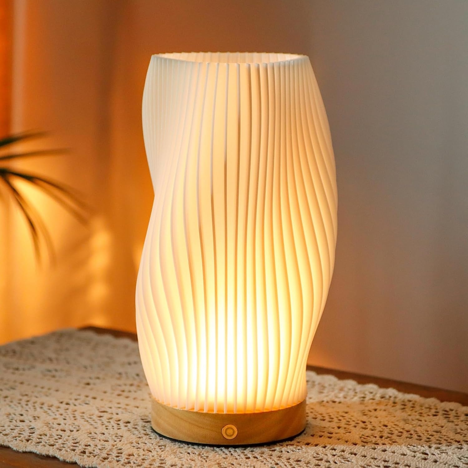 Lampa de Masa JHY DESIGN, Touch, 3D Print, 24 cm, 3 Culori Reglabile, Dimabila, Baza Lemn, USB Type-C, Spiral, Alba