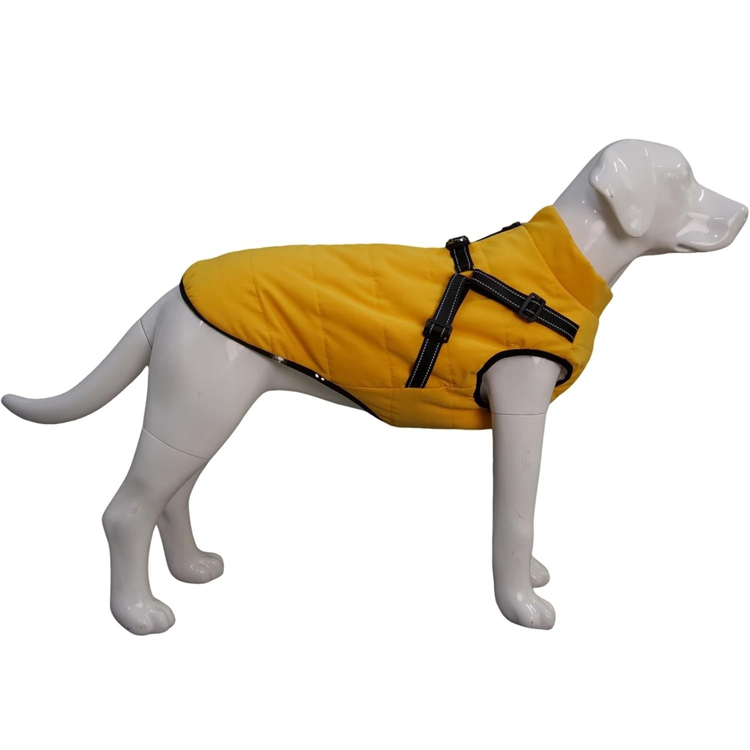 Jacheta impermeabila pentru caini Lovelonglong, interior din fleece, marime 2XL, moale, cu ham integrat, reflectorizant, culoare galben