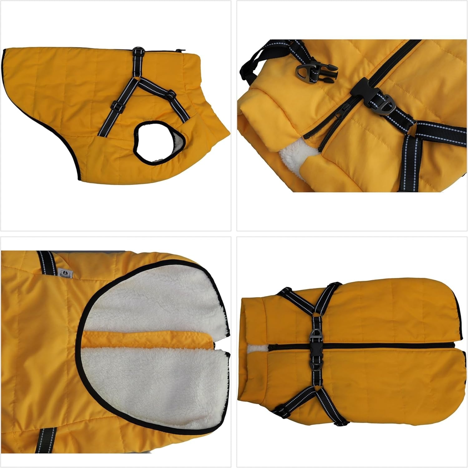 Jacheta impermeabila pentru caini Lovelonglong, interior din fleece, marime 2XL, moale, cu ham integrat, reflectorizant, culoare galben