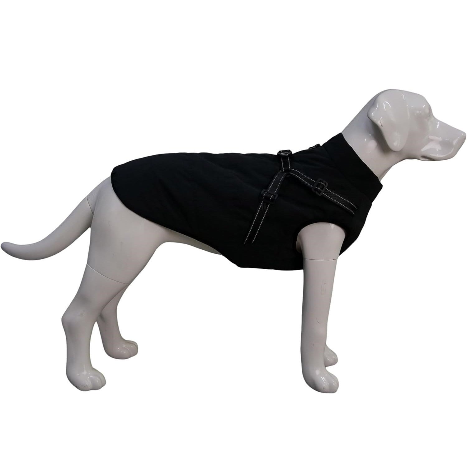 Jacheta impermeabila pentru caini Lovelonglong, interior din fleece, marime 2XL, moale, cu ham integrat, reflectorizant, culoare negru