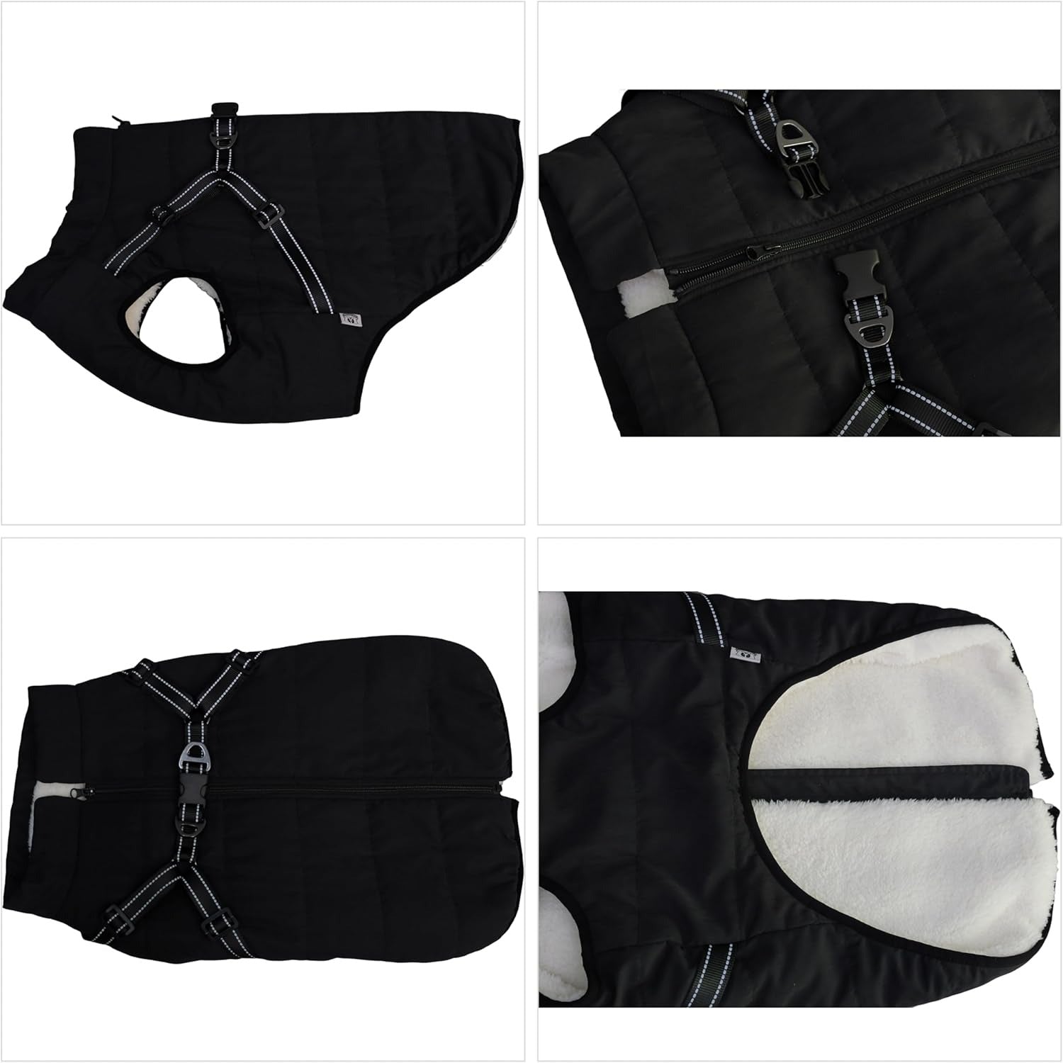 Jacheta impermeabila pentru caini Lovelonglong, interior din fleece, marime 2XL, moale, cu ham integrat, reflectorizant, culoare negru