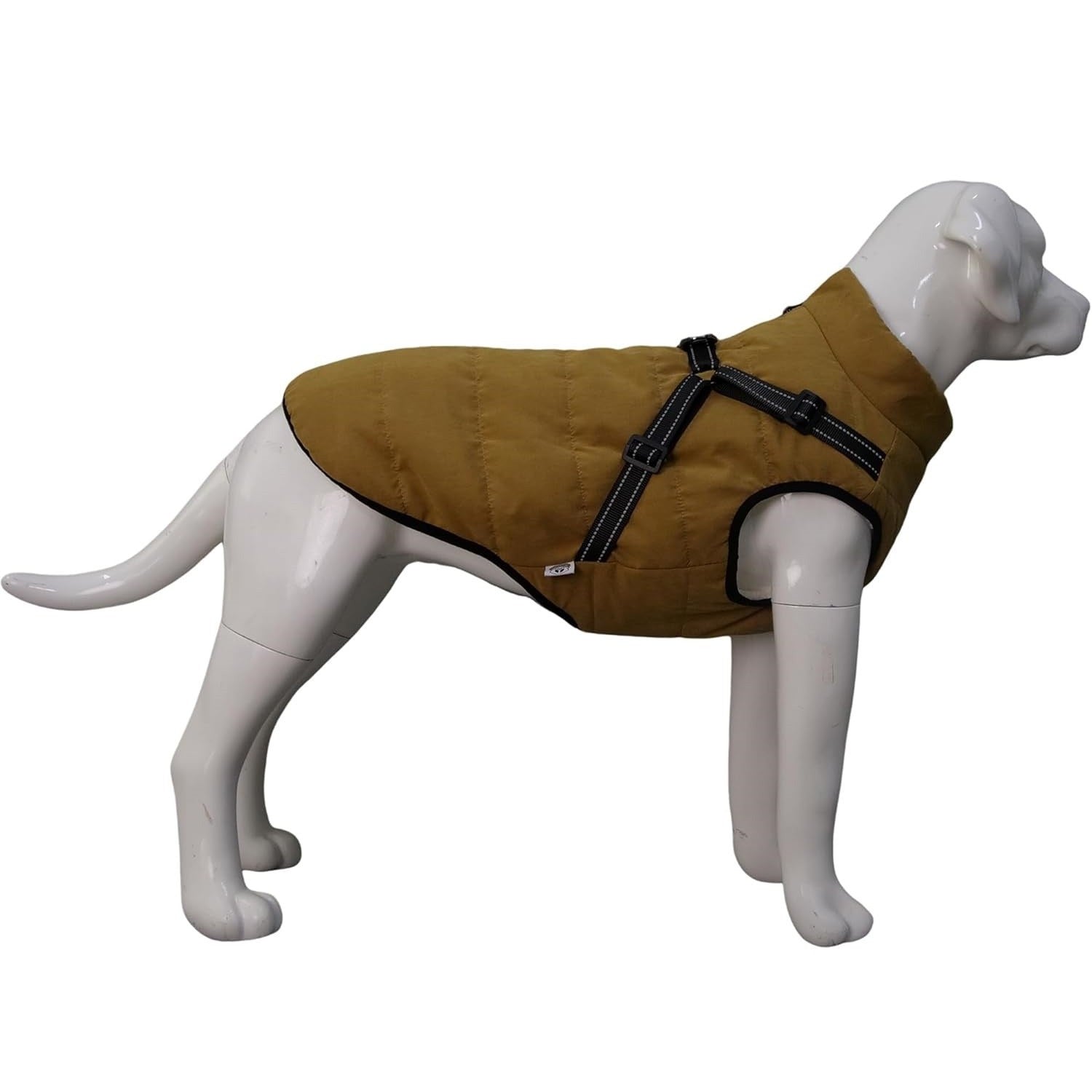 Jacheta impermeabila pentru caini Lovelonglong, interior din fleece, marime L, moale, cu ham integrat, reflectorizant, culoare kaki