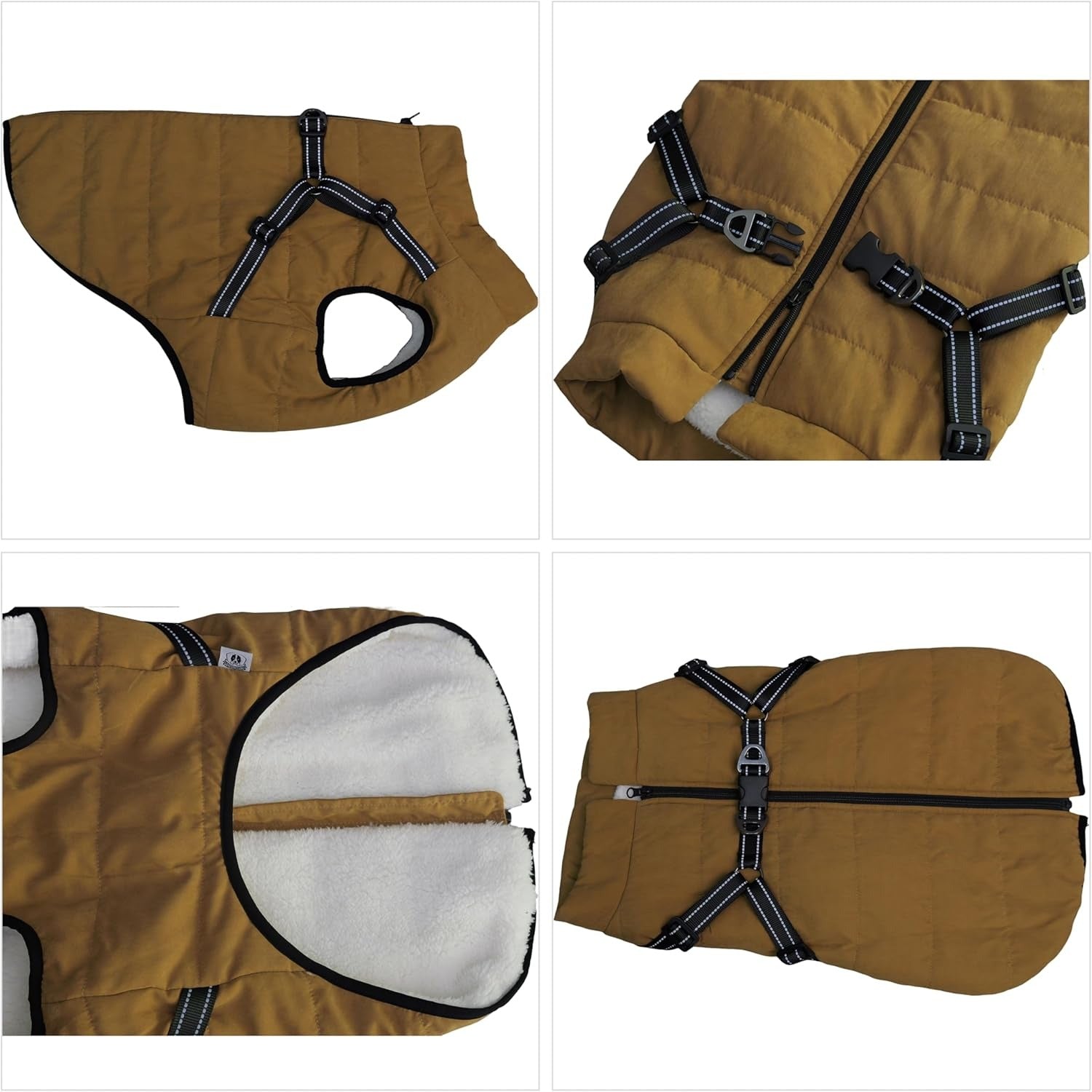 Jacheta impermeabila pentru caini Lovelonglong, interior din fleece, marime L, moale, cu ham integrat, reflectorizant, culoare kaki