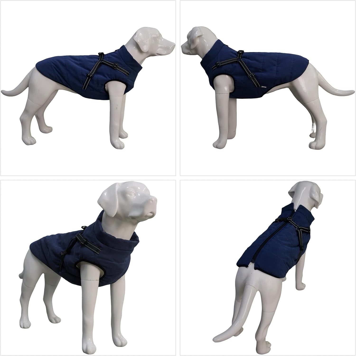 Jacheta impermeabila pentru caini Lovelonglong, interior din fleece, marime XS, moale, cu ham integrat, reflectorizant, culoare bleumarin