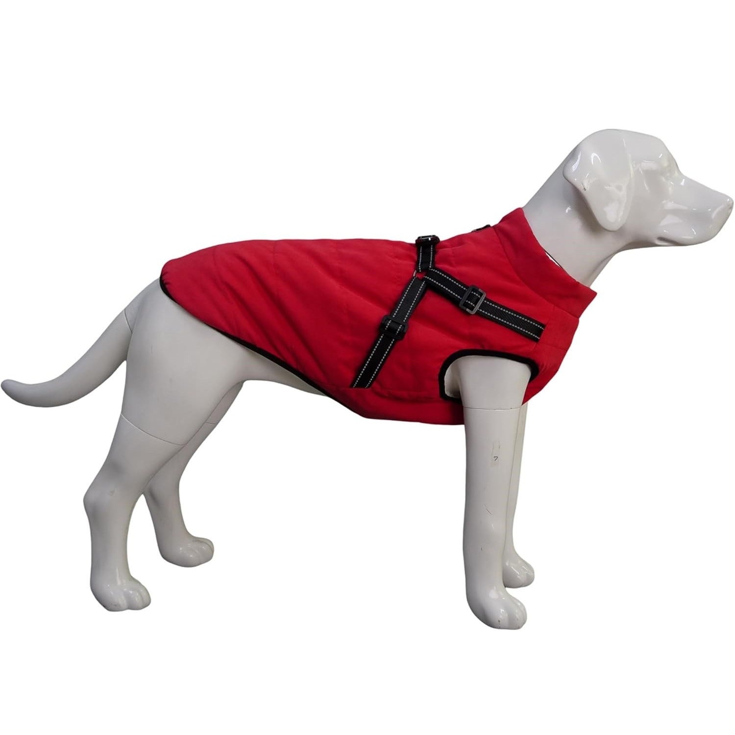 Jacheta impermeabila pentru caini Lovelonglong, interior din fleece, marime XS, moale, cu ham integrat, reflectorizant, culoare rosu