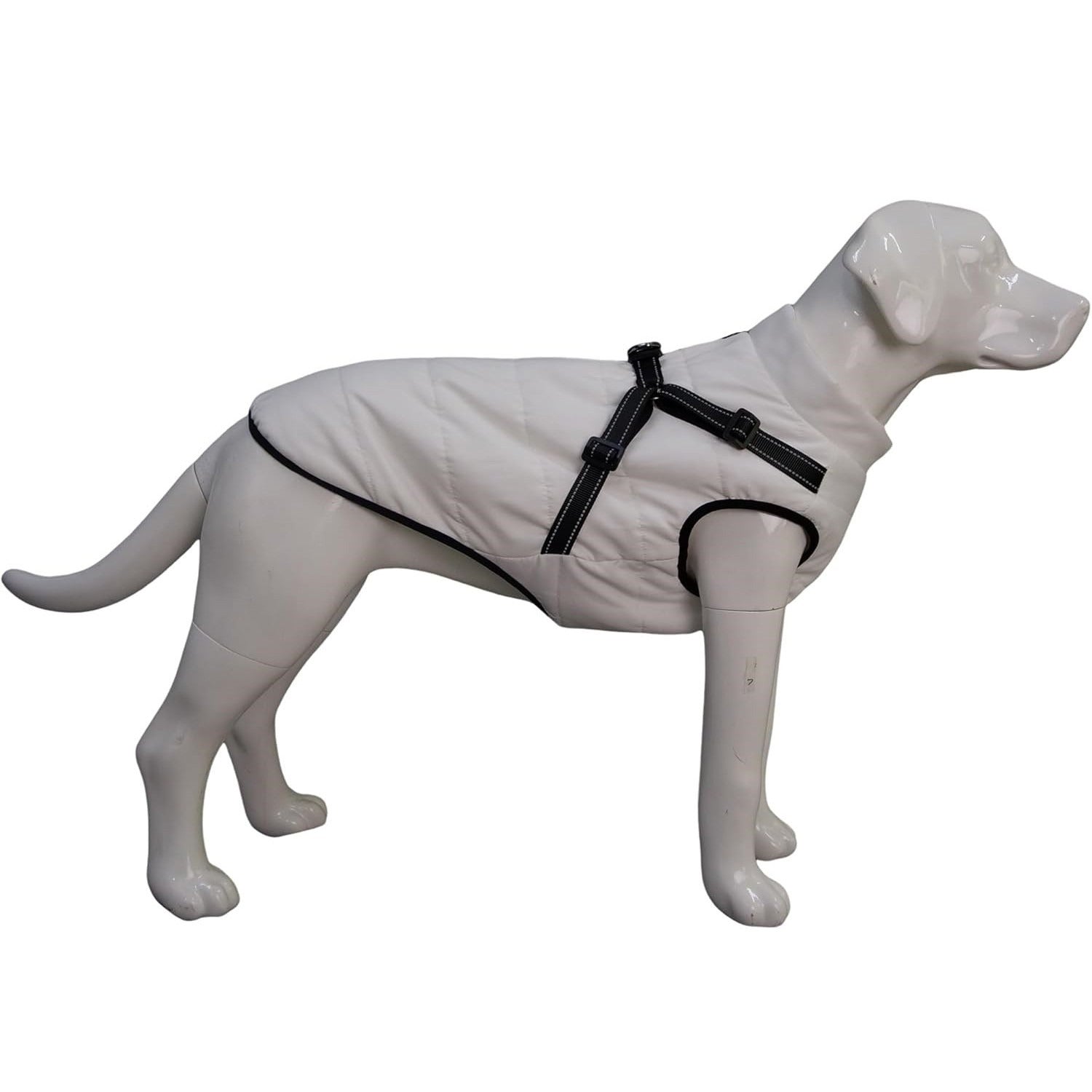 Jacheta impermeabila pentru caini Lovelonglong, interior din fleece, marime 3XL, moale, cu ham integrat, reflectorizant, culoare alb