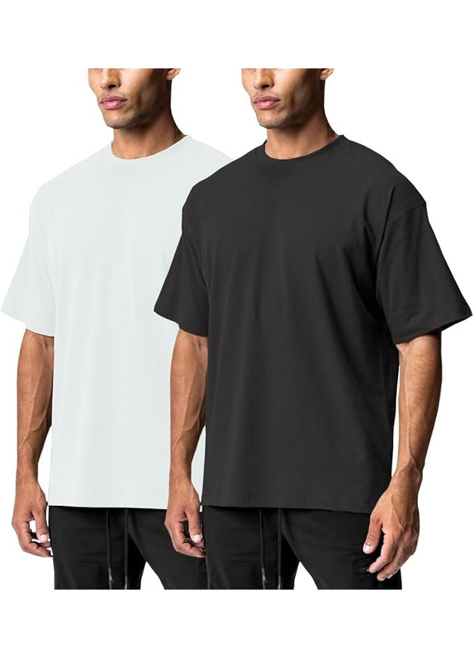 Set tricouri barbati XYKJFIT, marimea M, bumbac, casual, sport, oversized, maneca scurta, culoare alb si negru