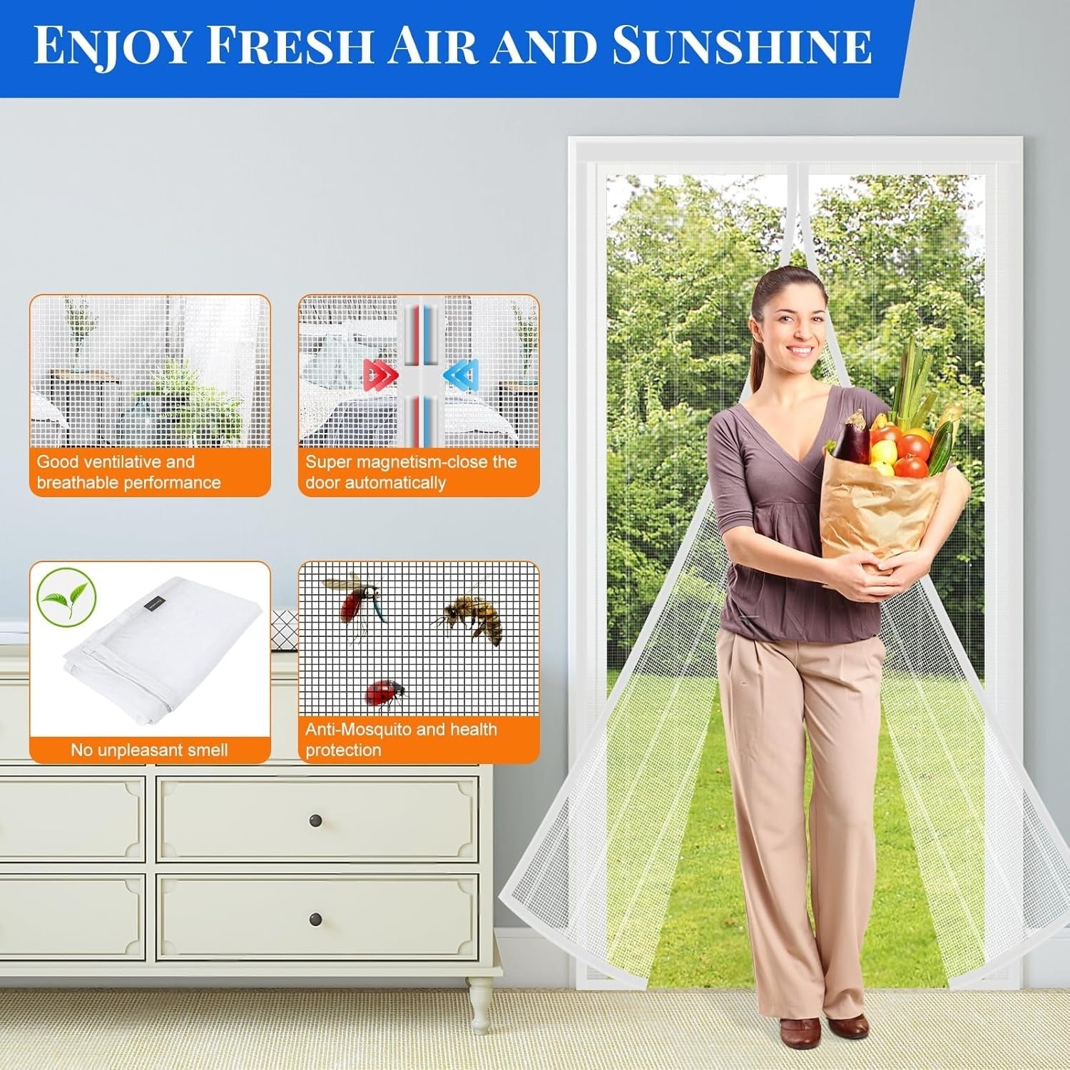 Plasa Magnetica Usa MYCARBON, 80x200 cm, Fibra de Sticla, Inchidere Automata cu Magneti Puternici, Montaj Fara Gauri, Rezistenta si Lavabila, Alb